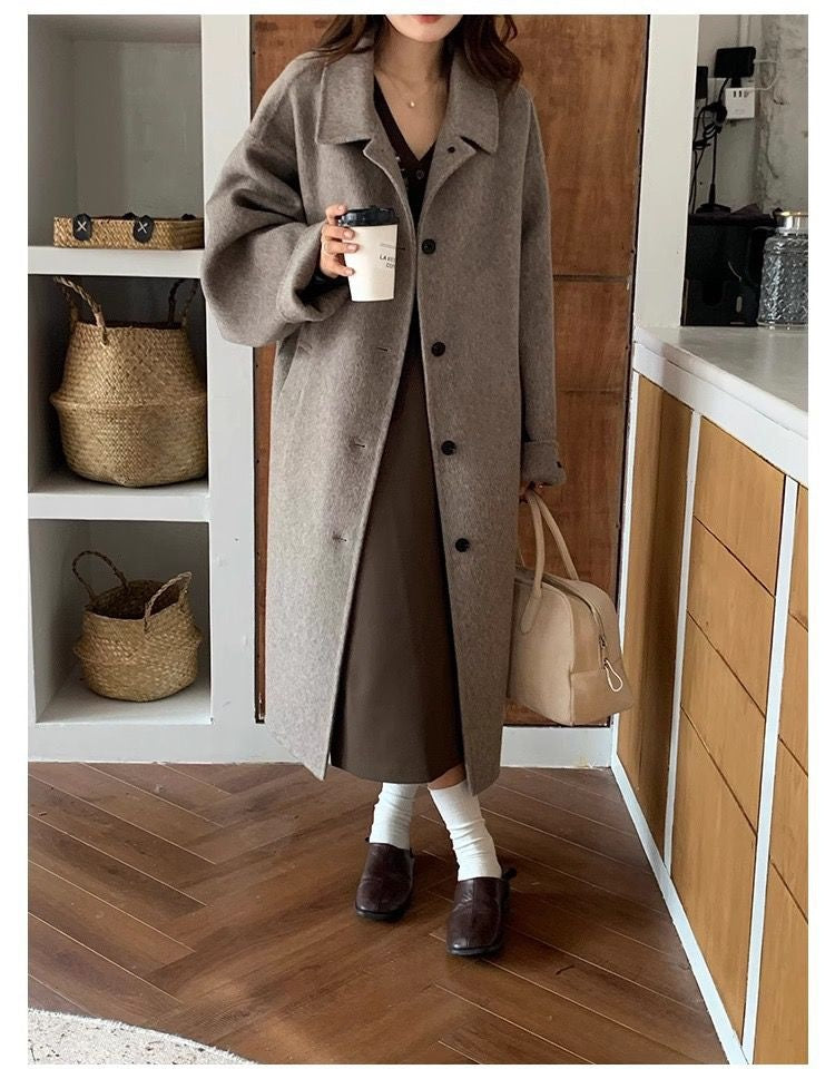 Solid-color, Sophisticated, Vintage-style Double-faced Cashmere Wool Coat With Added Thickness