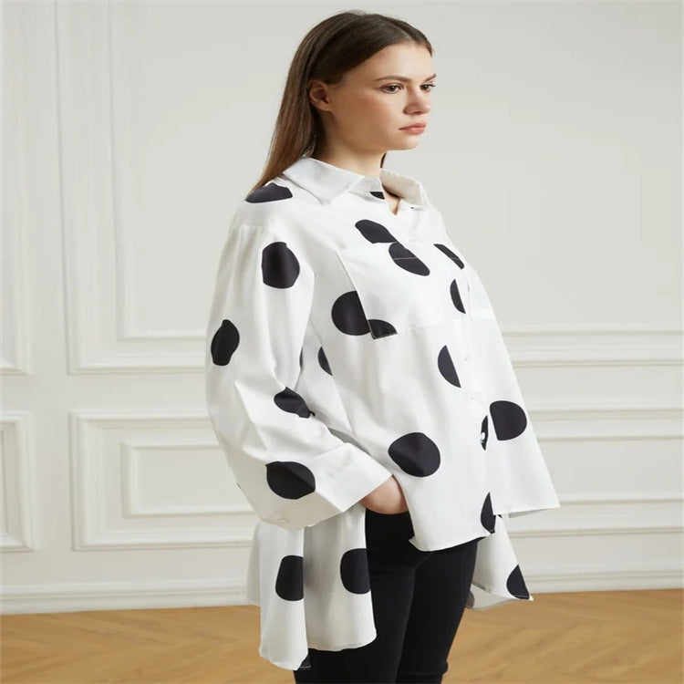 Camicia Bianca in Chiffon a Maniche Lunghe con Colletto a Pois per l'Ufficio