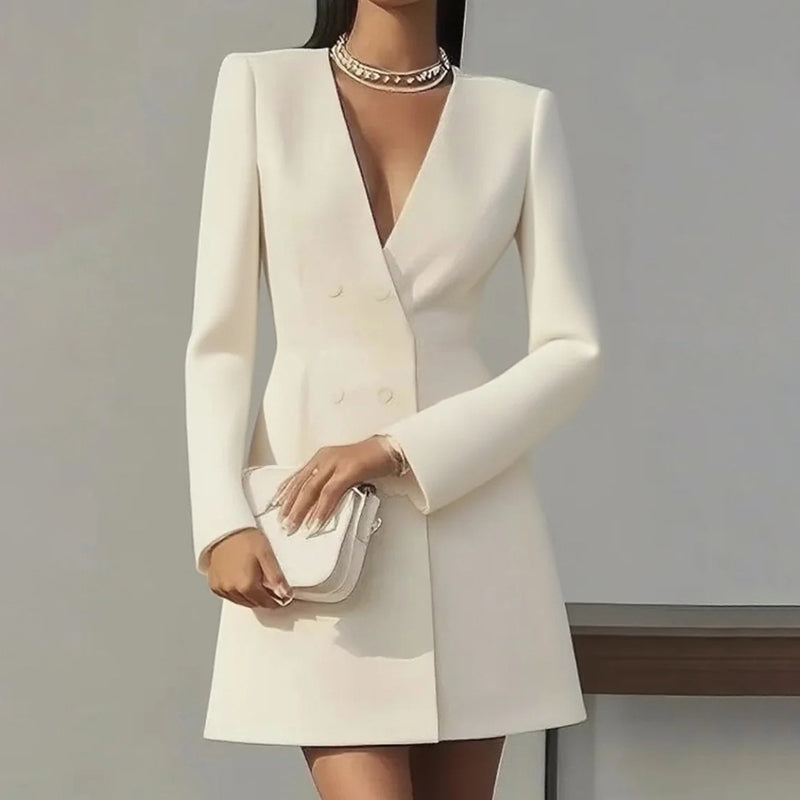 Women's Solid Color Deep V-Neck Dress Button Front A-Line Midi Dress For Formal Occasions