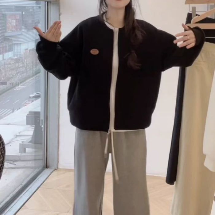 Korean-style Casual Round-neck Long-sleeve Zip-up Hoodie Jacket