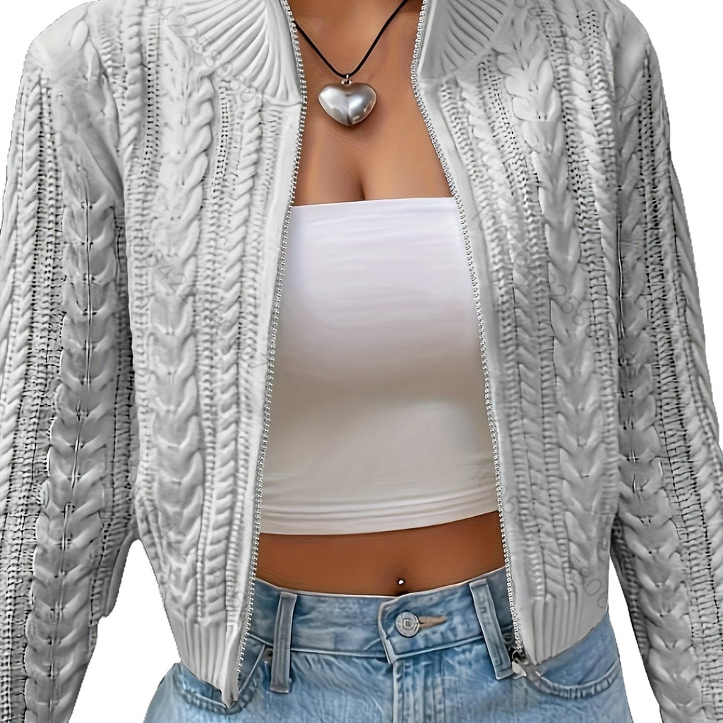 Short Retro Hemp Pattern Double-headed Zipper And Lapel Sweater Coat