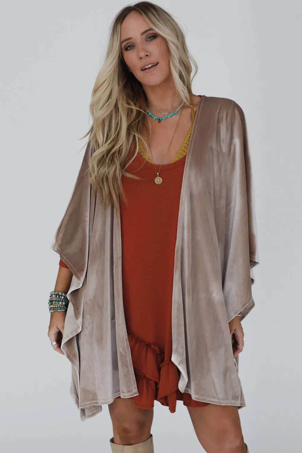 Smoke Gray Sleeve Open Front Velvet Kimono