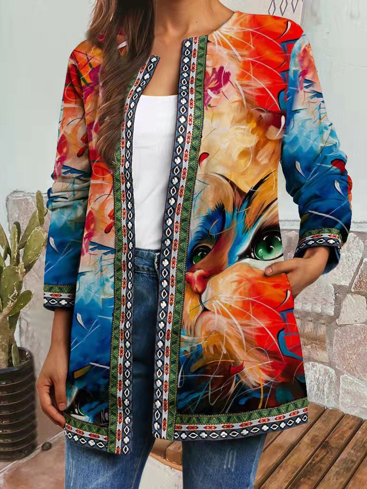 New Retro Ethnic Print Long-sleeved Coat Jacket Cardigan Women's Clothing