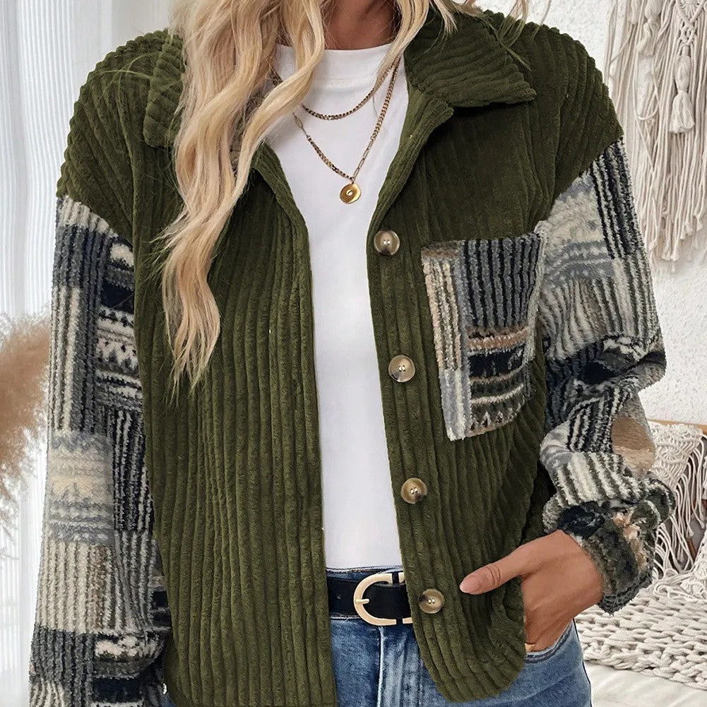 Jungle Green Ribbed Fleece Plaid Print Patchwork Button Up Jacket