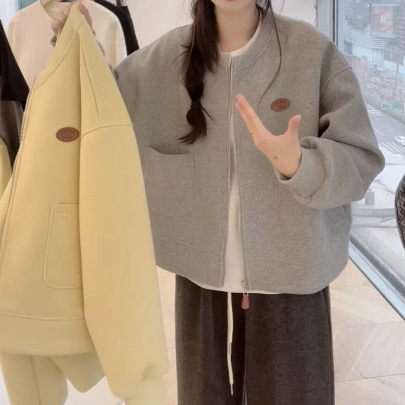 Korean-style Casual Round-neck Long-sleeve Zip-up Hoodie Jacket