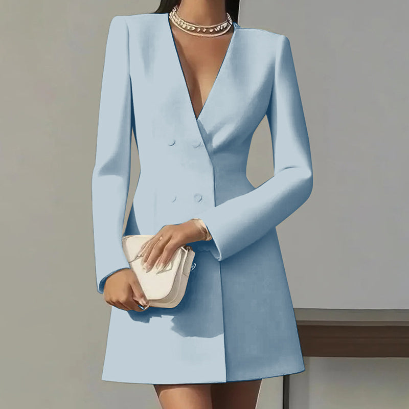 Women's Solid Color Deep V-Neck Dress Button Front A-Line Midi Dress For Formal Occasions