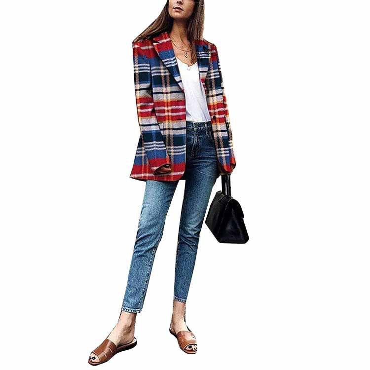 Pure Color Ladies Blazer Fashionable Plaid Print