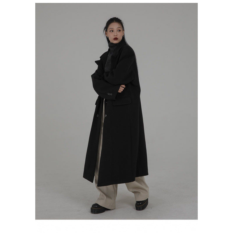 Korean-style Hepburn-inspired Long Coat Relaxed-fit Suit-style Oversized Wool Coat Versatile And Easy To Style