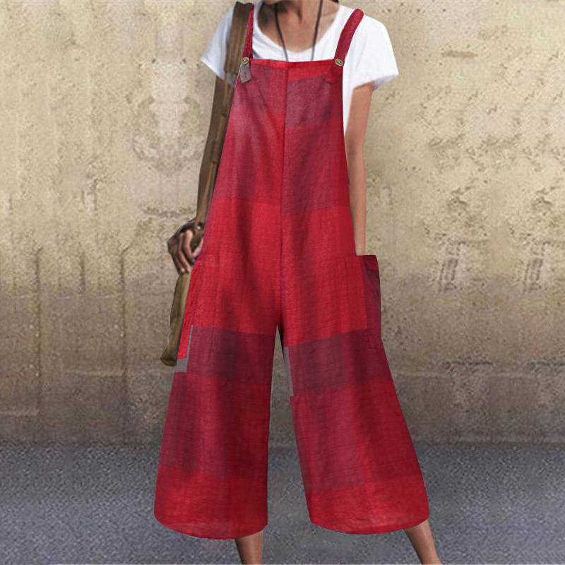 Loose And Thin Cotton And Linen Check Strap Long Jumpsuit