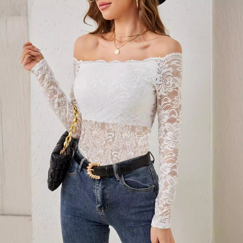 Elegante top in pizzo con scollo a ventaglio e spalle scoperte