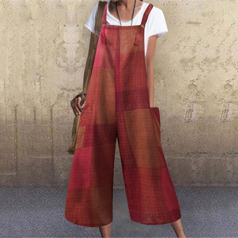 Loose And Thin Cotton And Linen Check Strap Long Jumpsuit