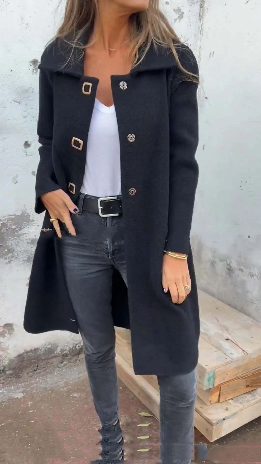 In Stock Cross-border Independent Station-AliExpress-Amazon Autumn And Winter Women's Single Row Solid Color Mid-length Wool Woolen