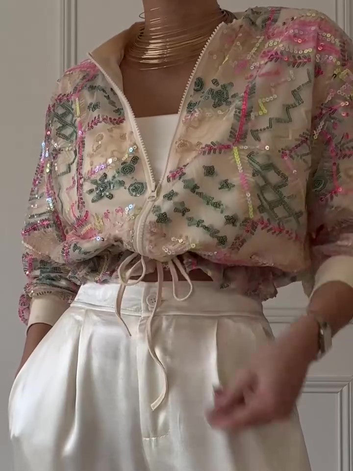 Embroidered Sequin Cropped Bomber Jacket