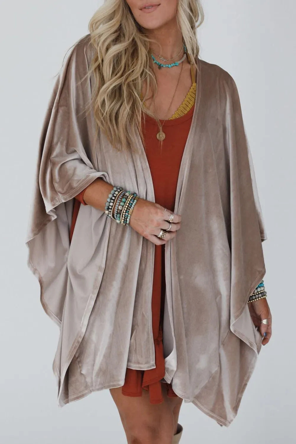 Smoke Gray Sleeve Open Front Velvet Kimono