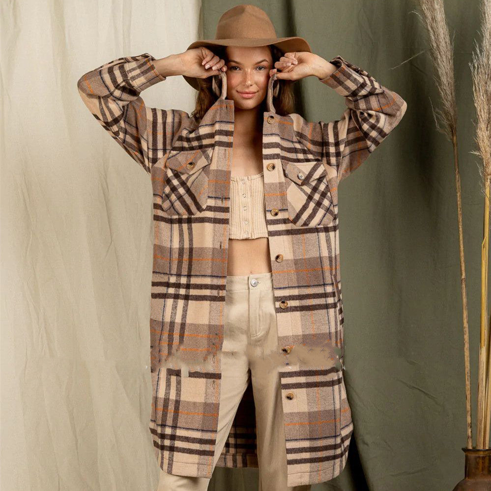 Large Pocket Long Sleeve Long Plaid Jacket Cardigan