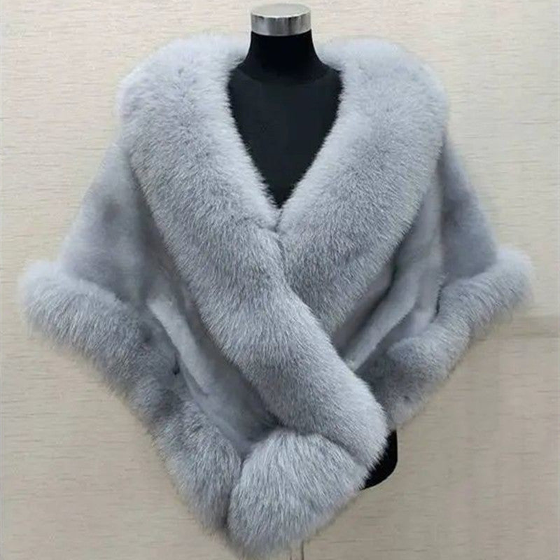Cappotto Cappa di Pelliccia di Volpe e Visone Imita per Abito Taglie Forti